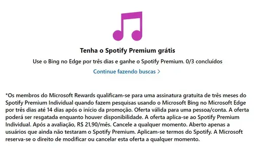 [Microsoft Rewards] Use O Bing No Edge Por 3 Dias E Ganhe Spotify Premium